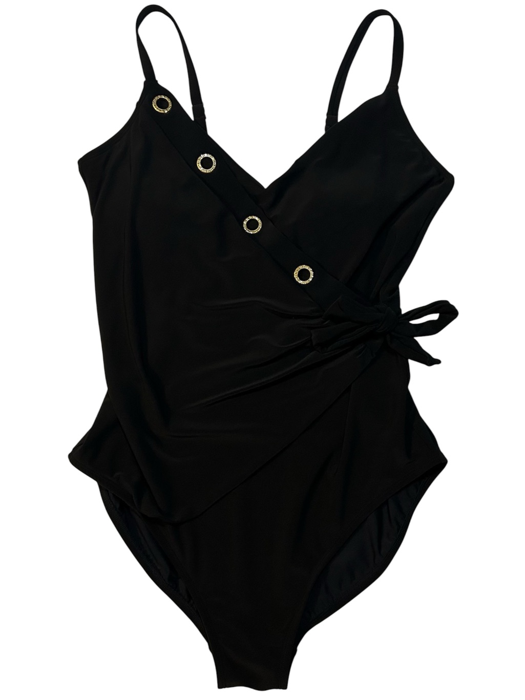 New Beyond Control Black One Piece Swimsuit Grommet Side Tie Sz 16 V-Neck